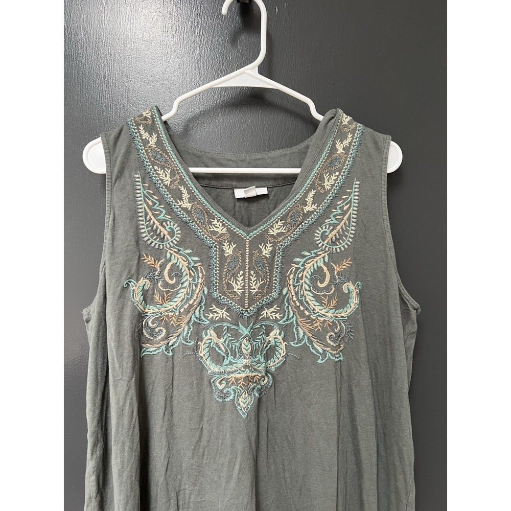 J.Jill Womens Sleeveless Embroidered Mini Dress Green Size XL Casual Boho Beach - Picture 2 of 4